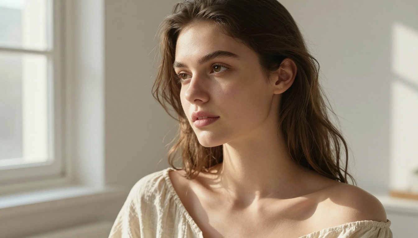 Woman portrait in natural morning light, 85mm lens shallow depth of field photorealistic photography