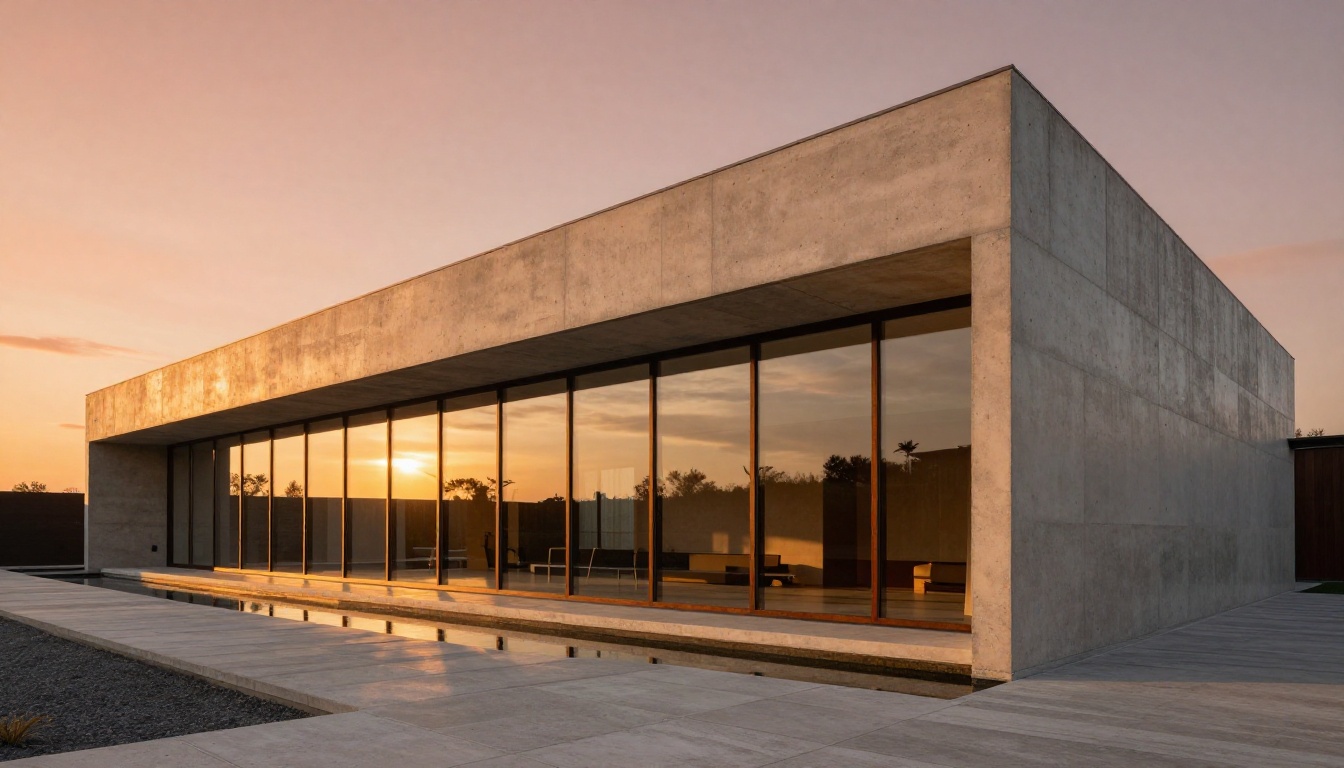 Modern minimalist architecture with reflecting pool at golden hour, photorealistic exterior photography