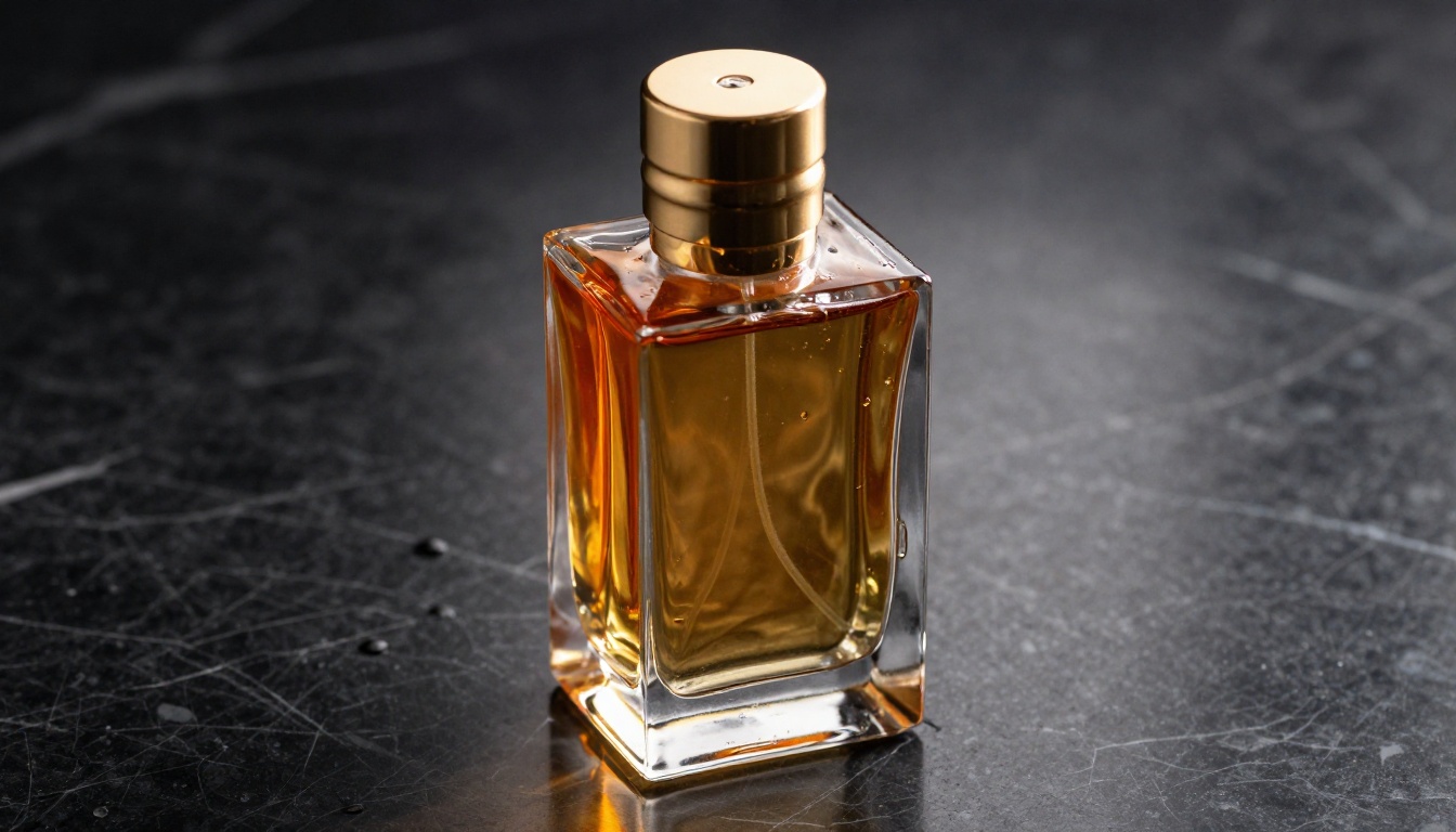 Luxury fragrance glass bottle macro product photography with prismatic light refractions