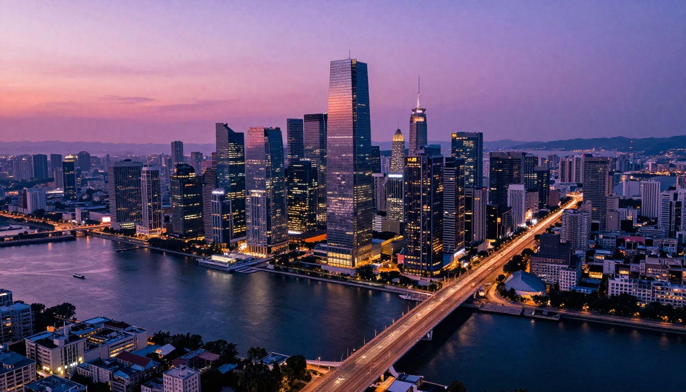 Aerial drone photograph of coastal city at dusk with purple-magenta sky and glowing light trails