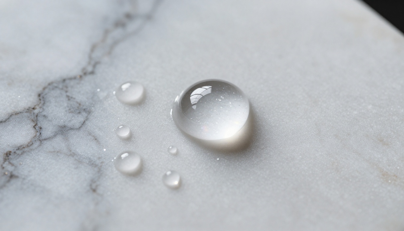 Extreme macro close-up of white Carrara marble with water droplets refracting prismatic light Extreme macro close-up of white Carrara marble with water droplets refracting prismatic light
