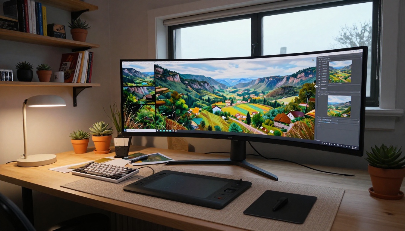 Creative professional studio workspace with ultrawide monitor displaying photorealistic landscape artwork Creative professional studio workspace with ultrawide monitor displaying photorealistic landscape artwork