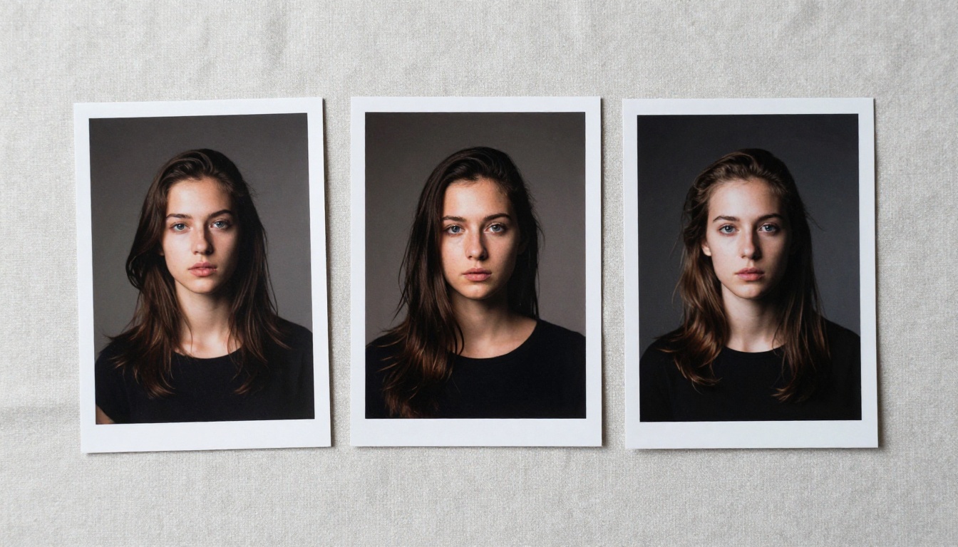 Three printed photographs flat-lay comparison showing different portrait styles and lighting conditions Three printed photographs flat-lay comparison showing different portrait styles and lighting conditions