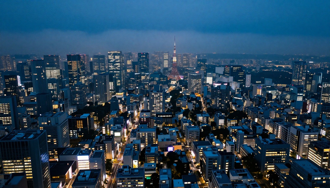 Aerial view of a city at blue hour demonstrating Seedream 4.5 environmental generation