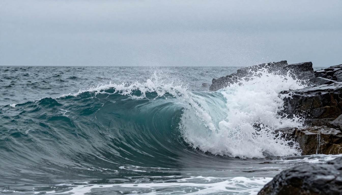Dramatic ocean waves crashing on coastal rocks showing Seedream 4.5 natural environment and motion rendering