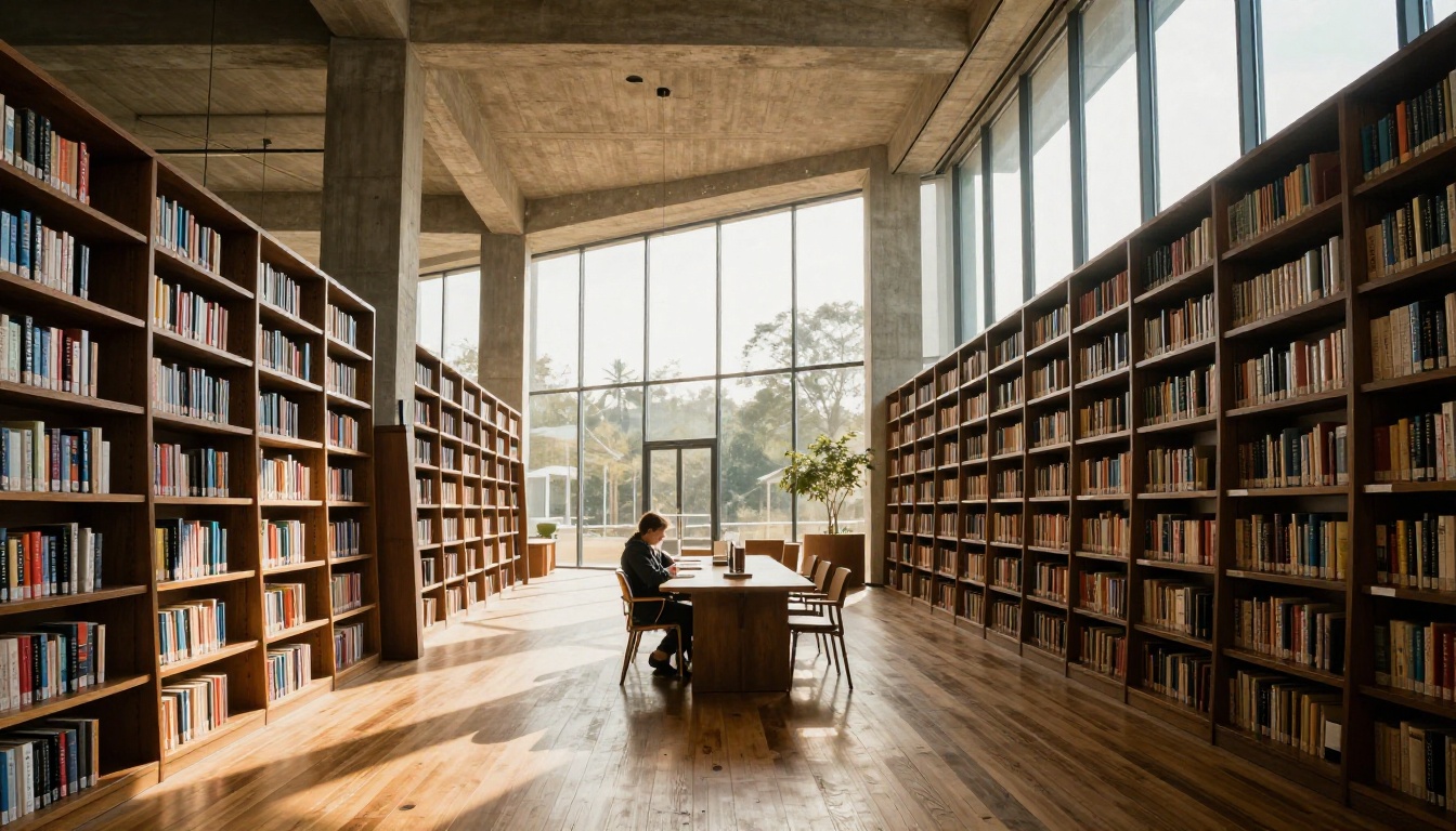 Modern library interior with dramatic light shafts showing architectural prompt precision in Seedream 4.5