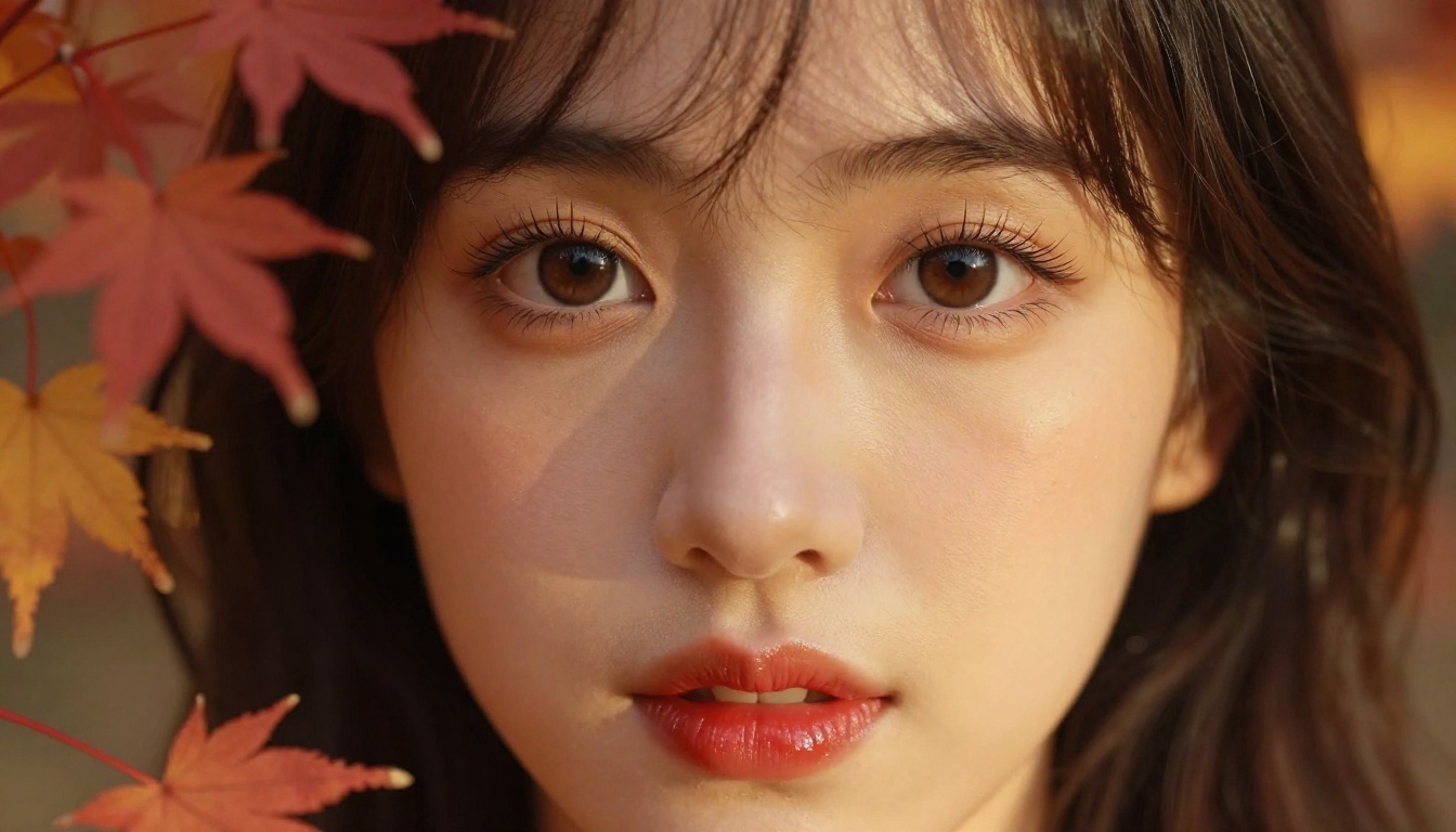 Anime-inspired portrait with large expressive eyes and autumn maple bokeh background