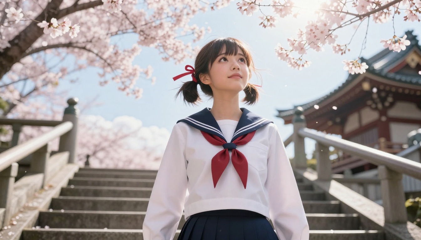 Low-angle shot at a sunlit Japanese shrine staircase with cherry blossoms and school uniform