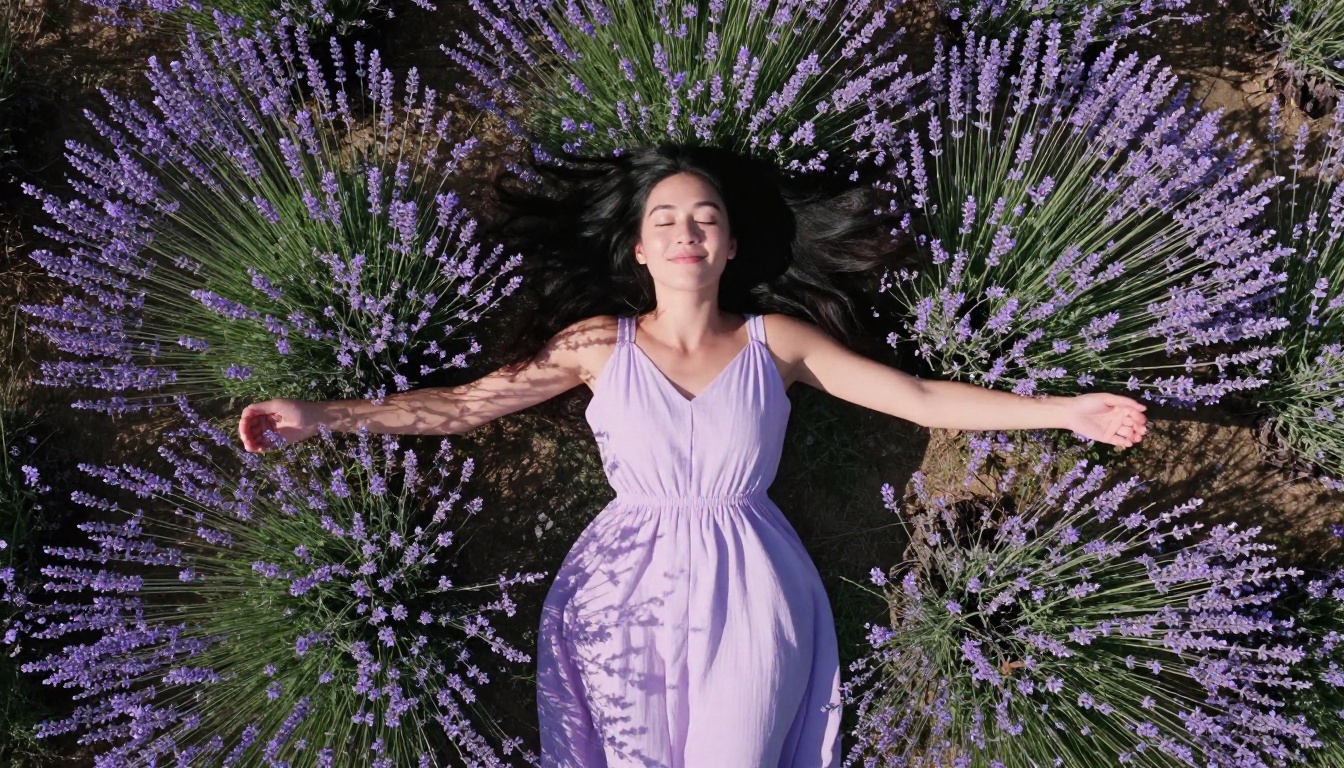 Aerial bird's-eye portrait of a woman in a lavender field wearing a lilac sundress