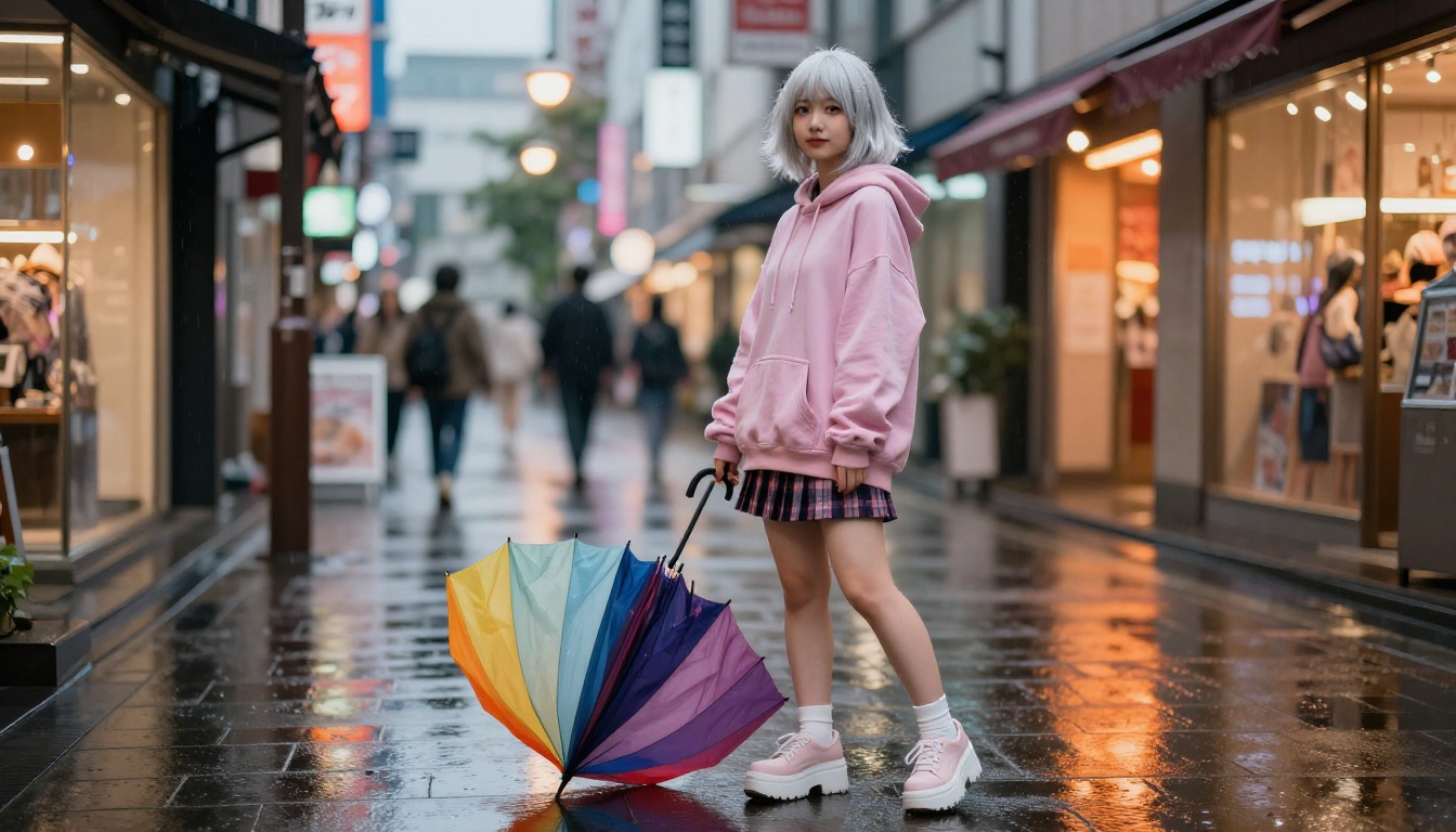 Side profile of a young woman in Harajuku street fashion on a wet Tokyo street at dusk