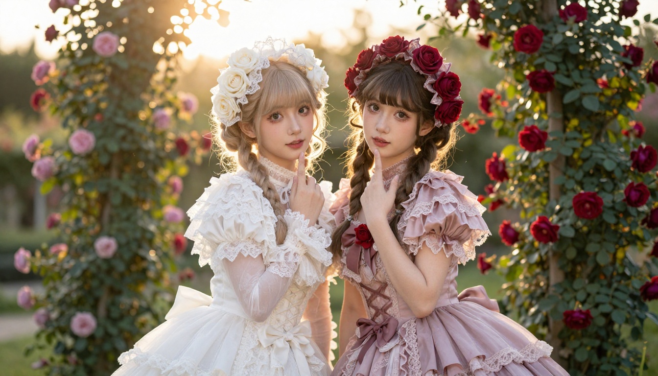 Two young women in pastel gothic lolita dresses in a Victorian rose garden at golden hour