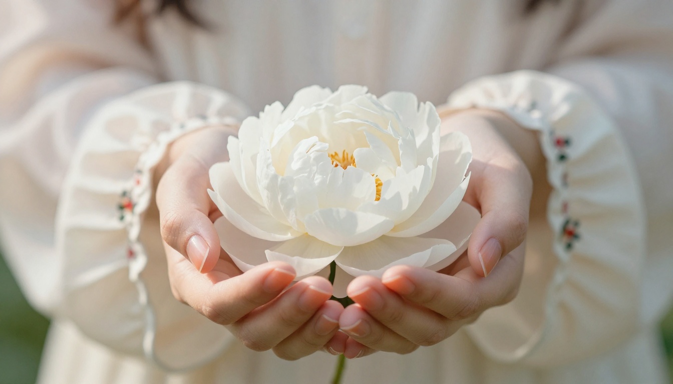 Close-up of a woman's hands cupping a white peony flower with embroidered chiffon sleeve Close-up of a woman's hands cupping a white peony flower with embroidered chiffon sleeve