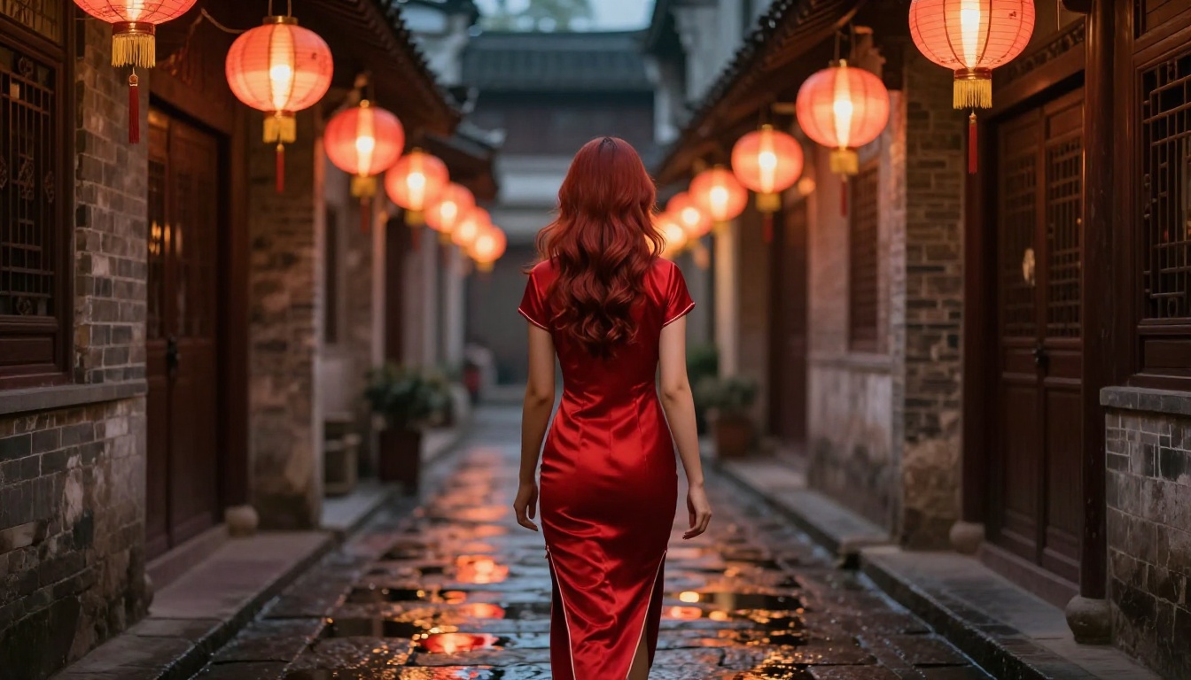 Young woman in a red qipao walking through a lantern-lit alley in an ancient Chinese town Young woman in a red qipao walking through a lantern-lit alley in an ancient Chinese town