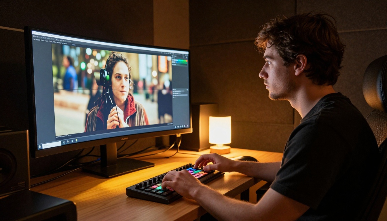 Filmmaker reviewing cinematic footage in a professional color-grading suite Filmmaker reviewing cinematic footage in a professional color-grading suite
