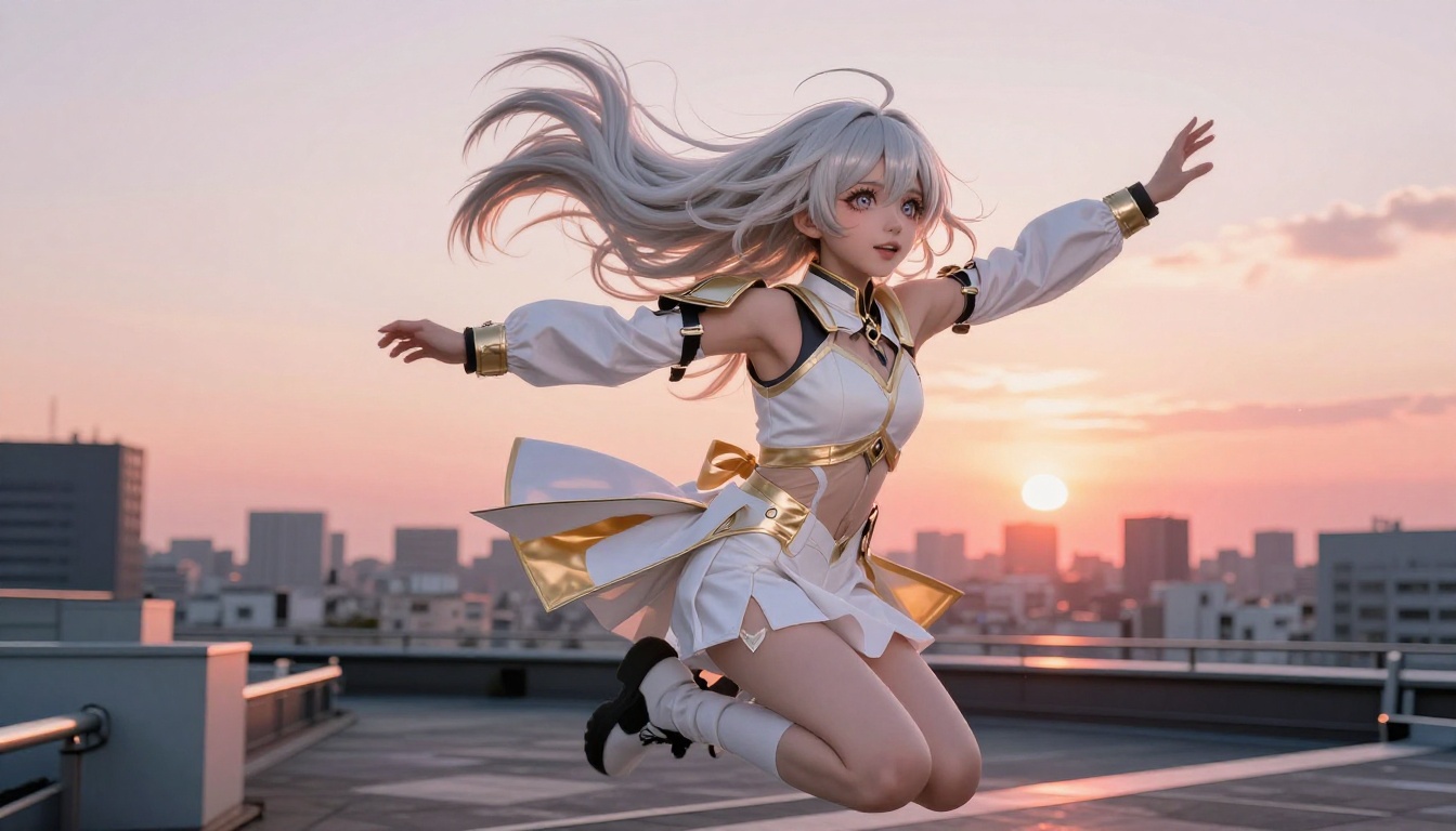 Young woman with silver-white hair in a white athletic outfit mid-leap on a Tokyo rooftop at sunrise Young woman with silver-white hair in a white athletic outfit mid-leap on a Tokyo rooftop at sunrise