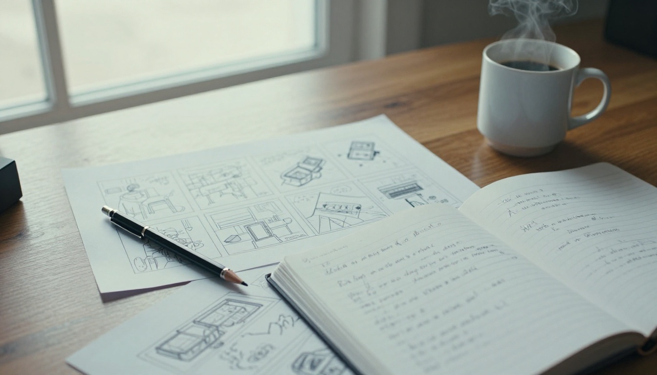 Storyboard sketches and script notes spread across a creative desk Storyboard sketches and script notes spread across a creative desk