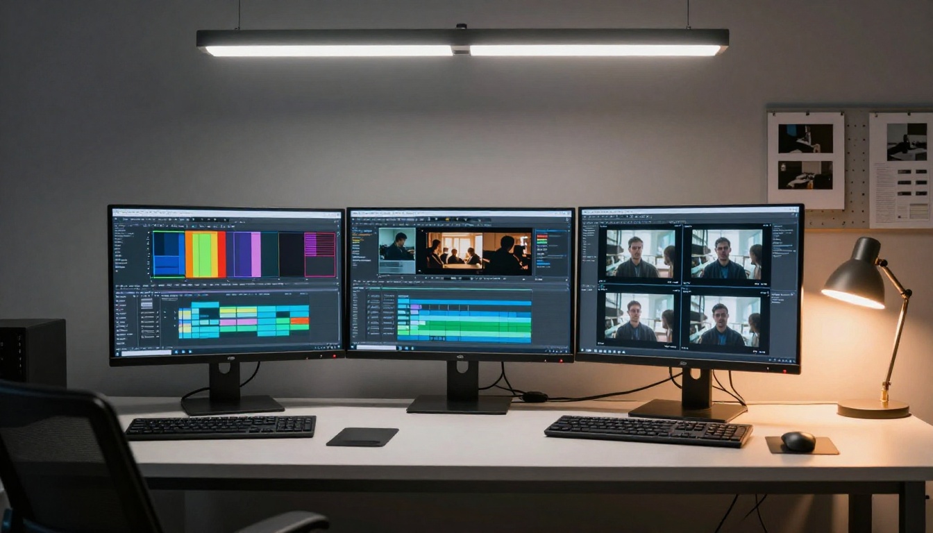 Two editors comparing AI video quality side by side on dual monitors Two editors comparing AI video quality side by side on dual monitors