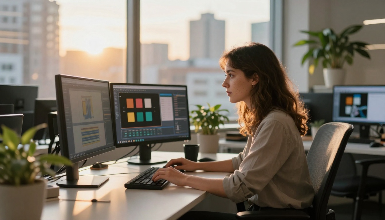 Woman working at a standing desk in a bright agency office with city views Woman working at a standing desk in a bright agency office with city views