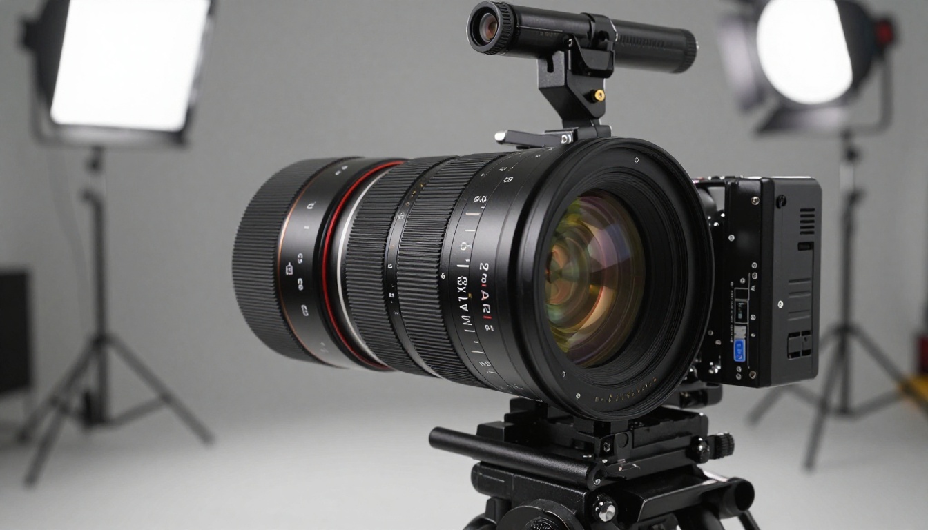 Close-up of a professional cinema camera lens catching light in a studio setup Close-up of a professional cinema camera lens catching light in a studio setup
