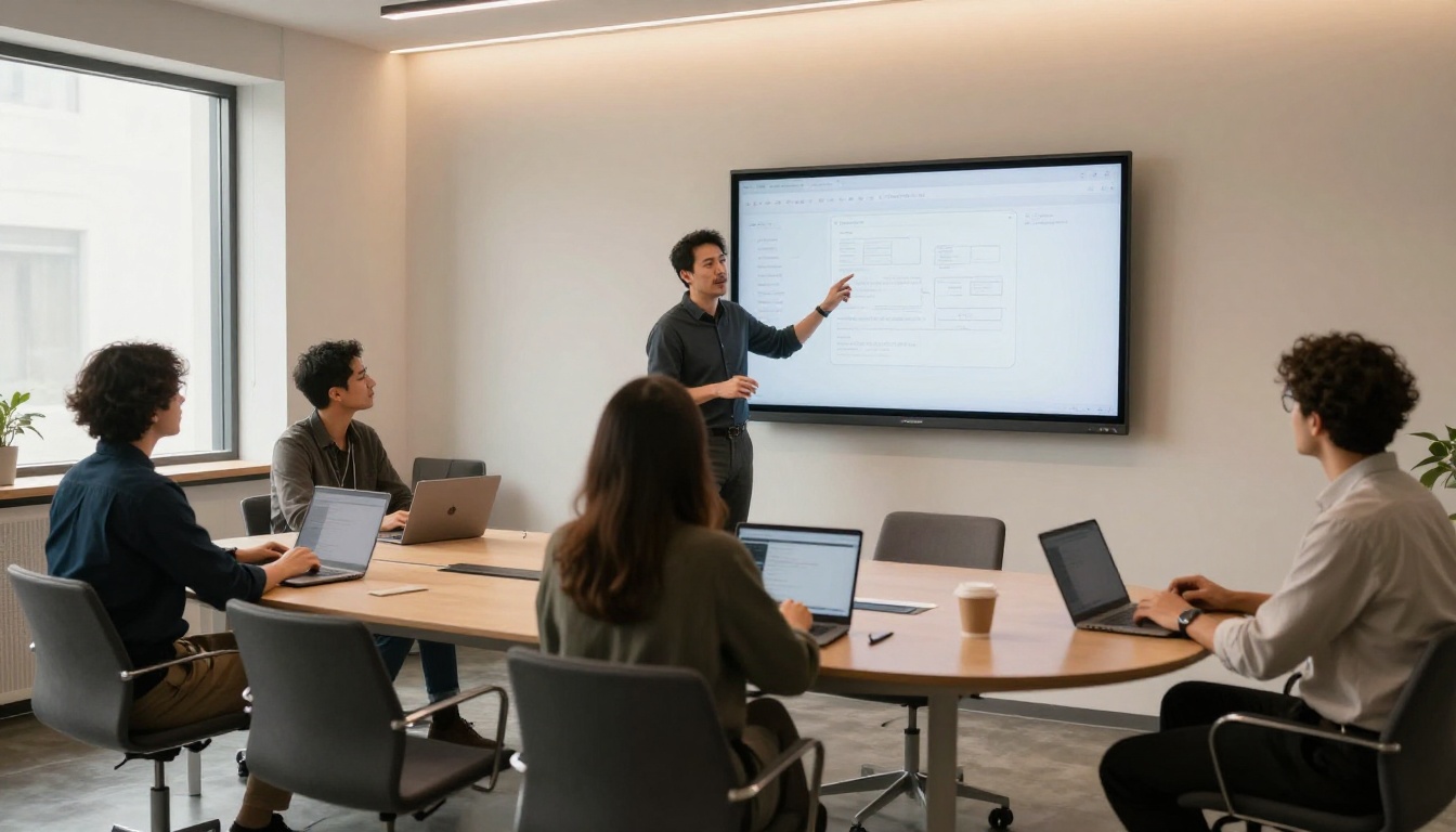 Creative director presenting AI video output to a team in a modern meeting room Creative director presenting AI video output to a team in a modern meeting room
