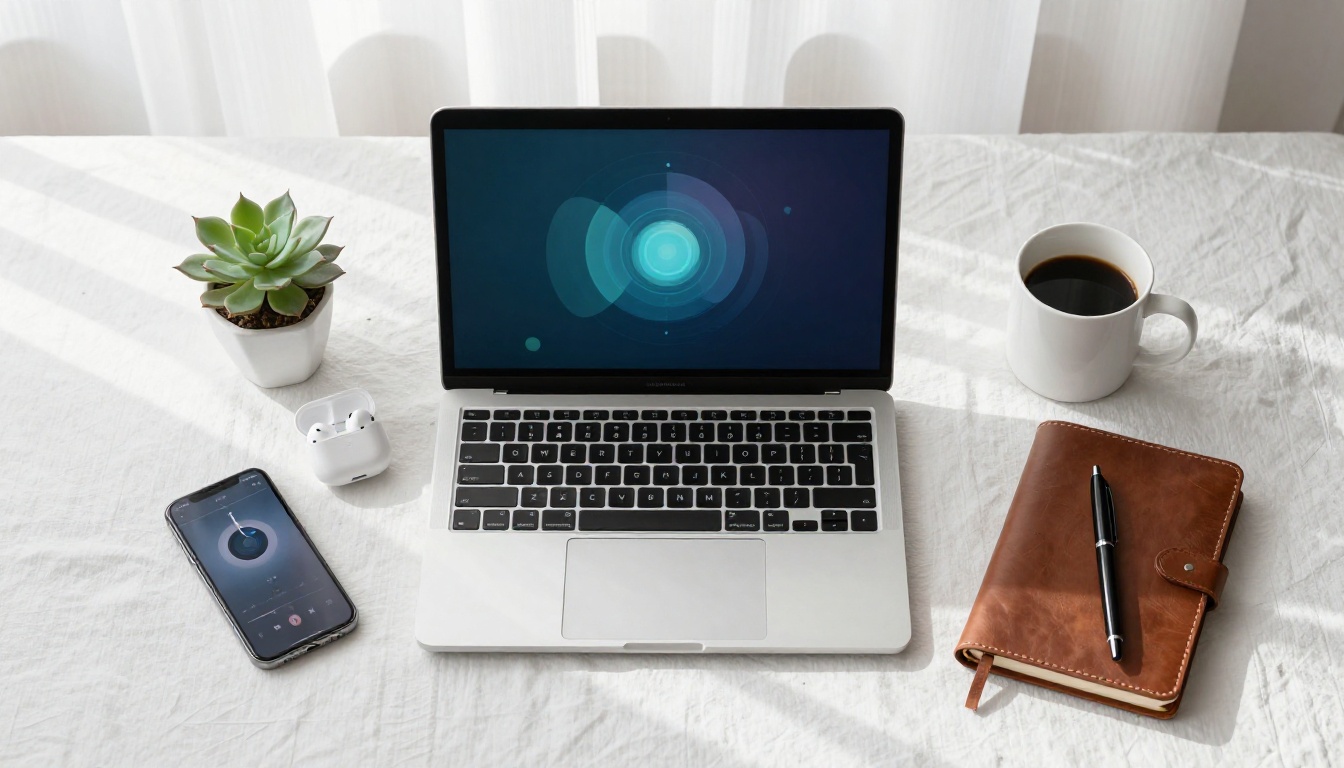 Overhead flat-lay of a creative workspace with laptop, notebook, and coffee Overhead flat-lay of a creative workspace with laptop, notebook, and coffee
