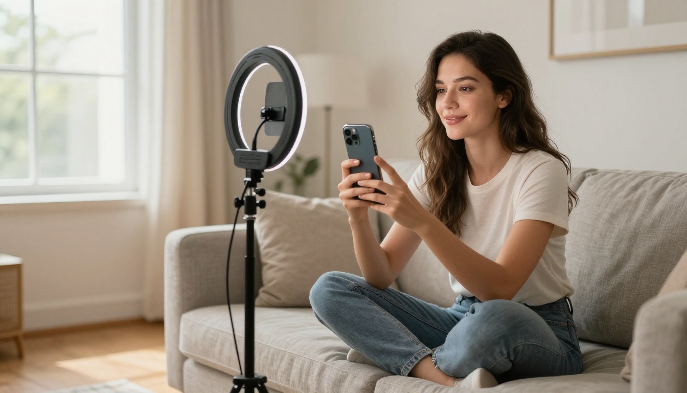 Female content creator filming on a smartphone in a bright home studio setup Female content creator filming on a smartphone in a bright home studio setup