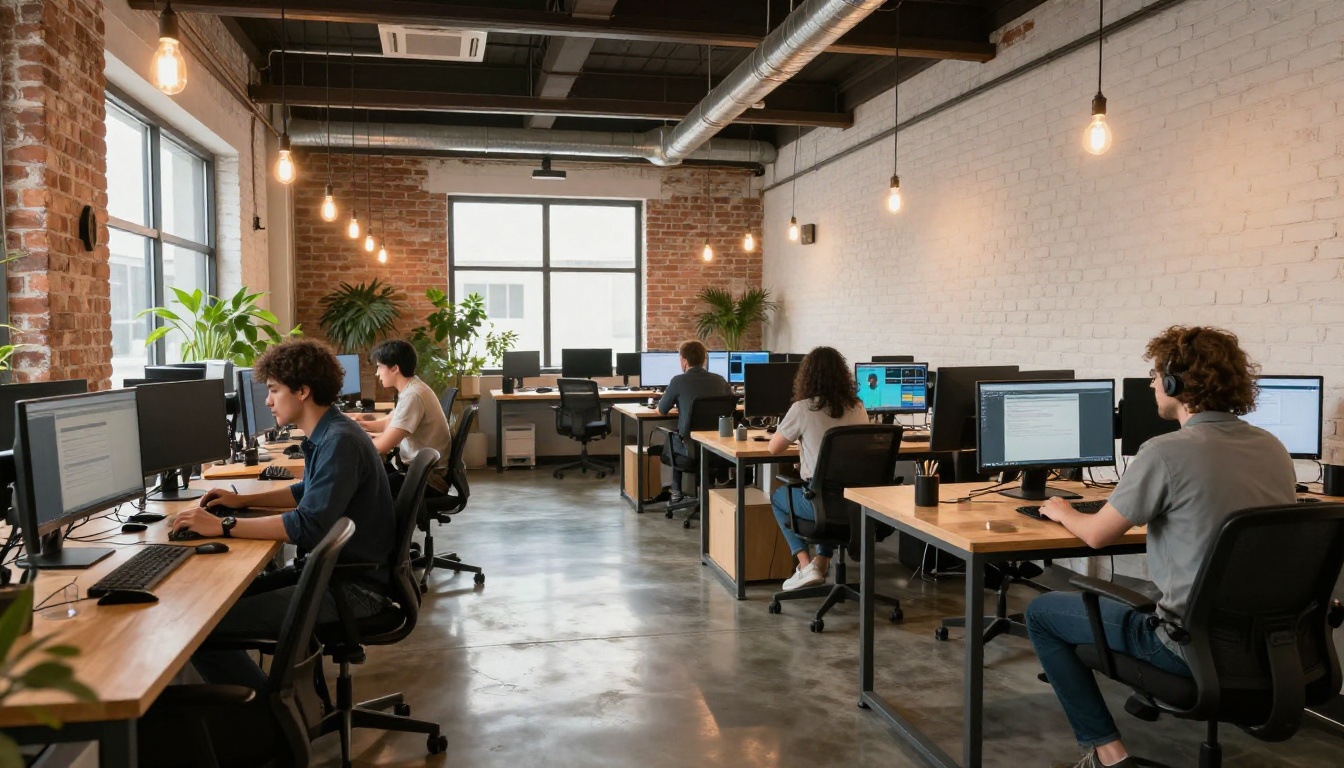 Modern technology startup studio with team of professionals working at monitors Modern technology startup studio with team of professionals working at monitors