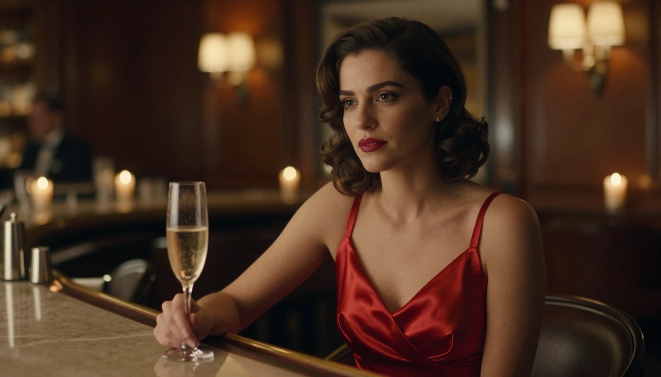 A sophisticated woman in a red satin evening gown at a luxury hotel bar, warm candlelight, cinematic RAW photography