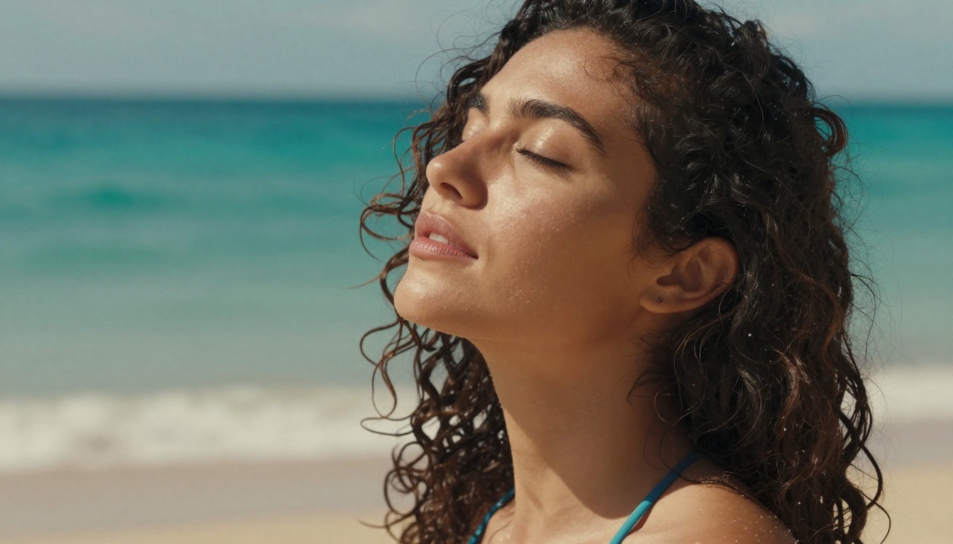 Close-up portrait of a woman with sun-kissed skin on a tropical beach, ocean-blue bikini, ultra-shallow depth of field, RAW 8K