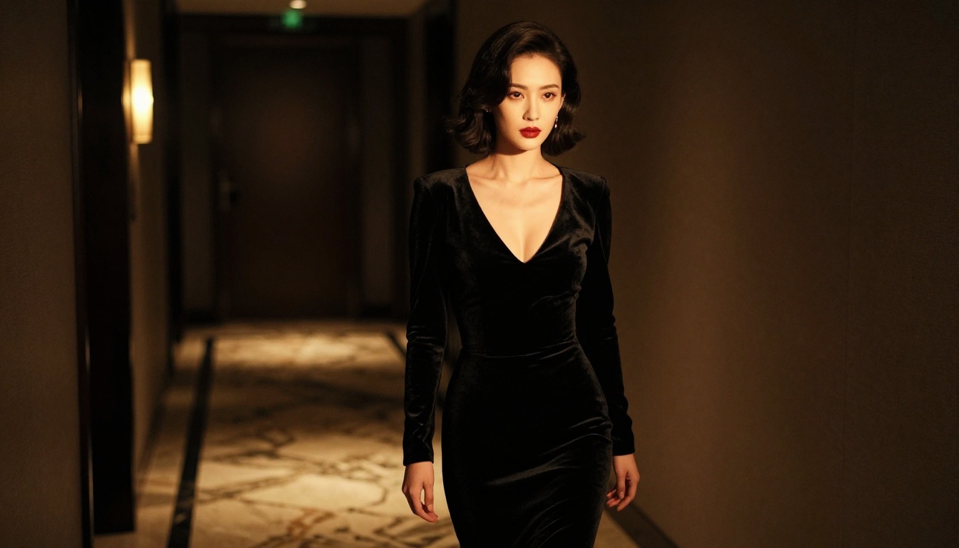Elegant dark hotel corridor portrait