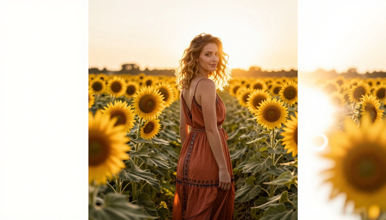A woman in a flowing bohemian sundress walking through a sunflower field at magic hour, rim light halo effect, Kodak Portra 400, RAW 8K A woman in a flowing bohemian sundress walking through a sunflower field at magic hour, rim light halo effect, Kodak Portra 400, RAW 8K