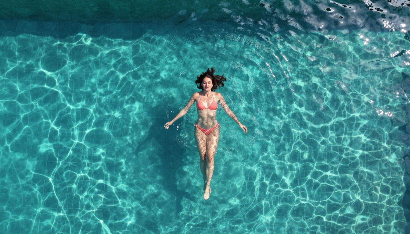 Overhead aerial view, woman floating in crystal clear pool