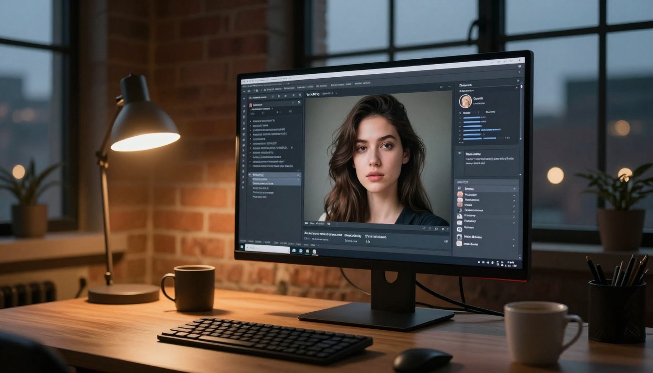 AI workspace showing text-to-image generation interface with photorealistic output on ultrawide monitor