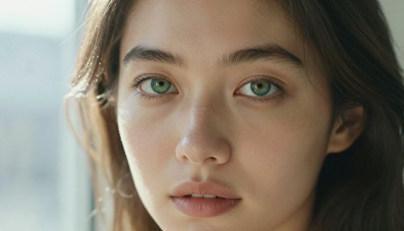 Close-up beauty portrait with natural skin texture, green eyes, soft window light, macro lens depth of field
