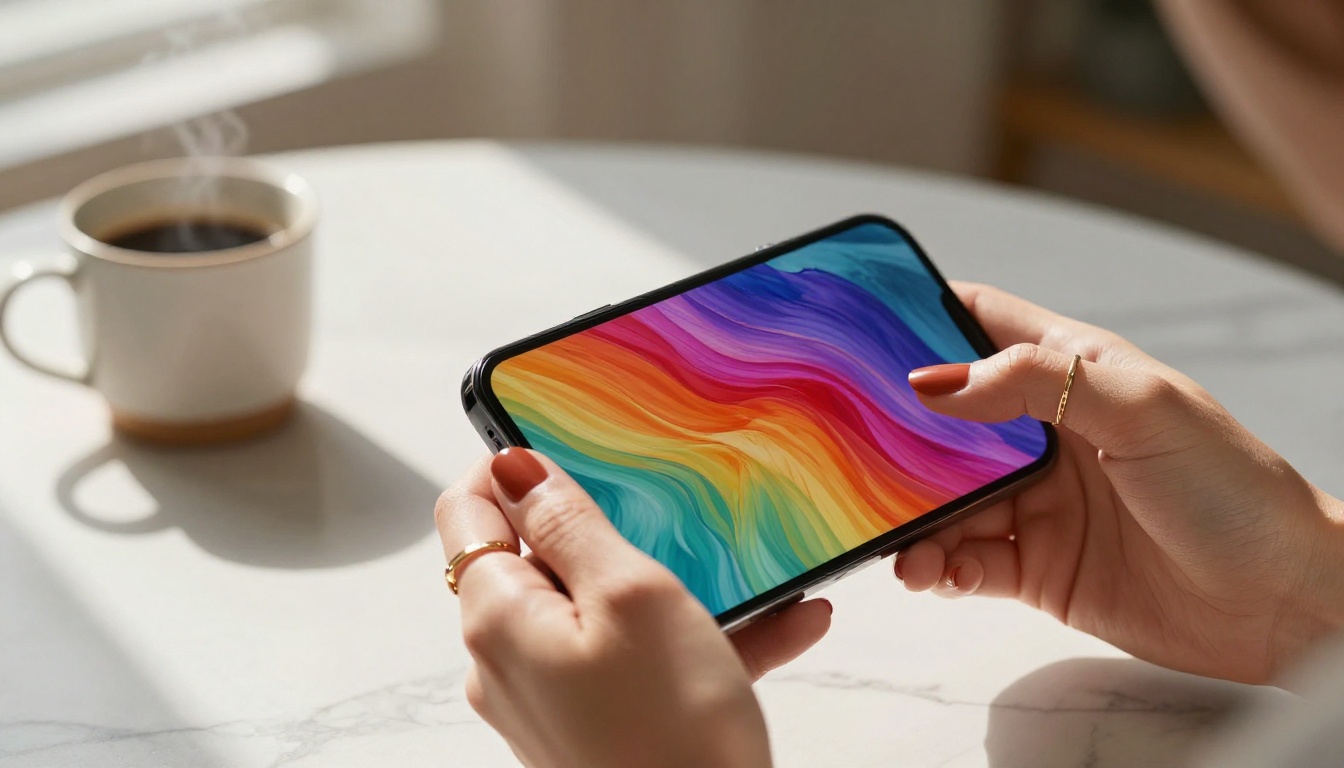 Hand holding smartphone showing AI-generated artwork Hand holding smartphone showing AI-generated artwork