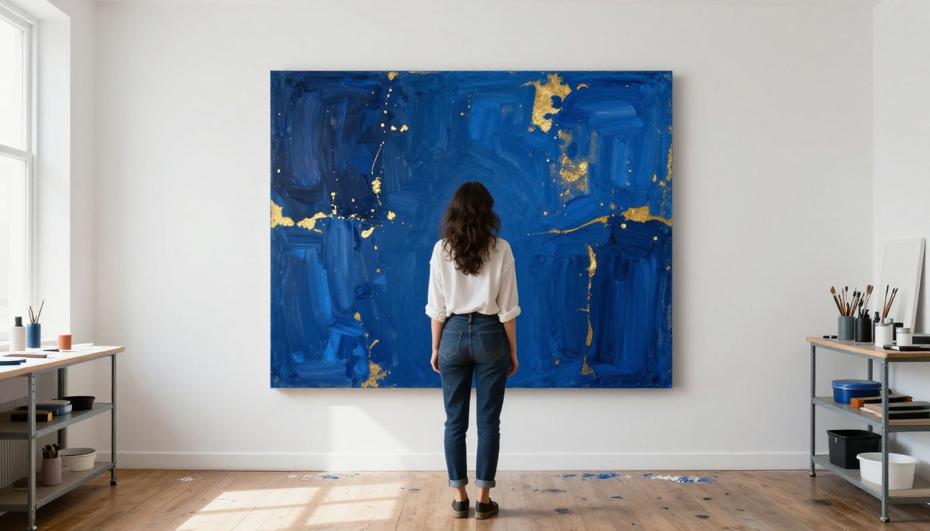 Creative professional woman painting with cobalt blue and gold on large canvas, minimalist white studio