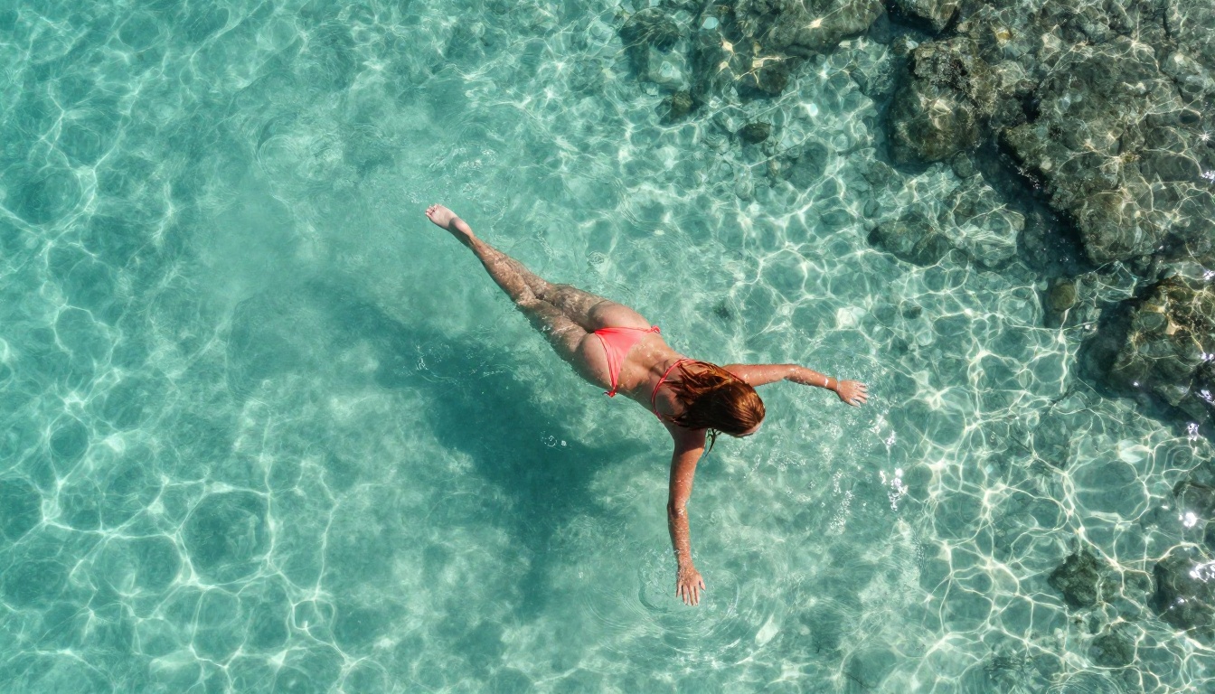 Aerial overhead drone view of woman in coral bikini wading in crystal turquoise ocean cove
