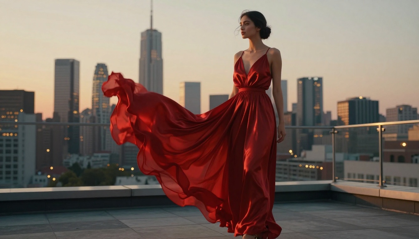 Woman in flowing vermillion silk dress on rooftop at dusk, city skyline Woman in flowing vermillion silk dress on rooftop at dusk, city skyline
