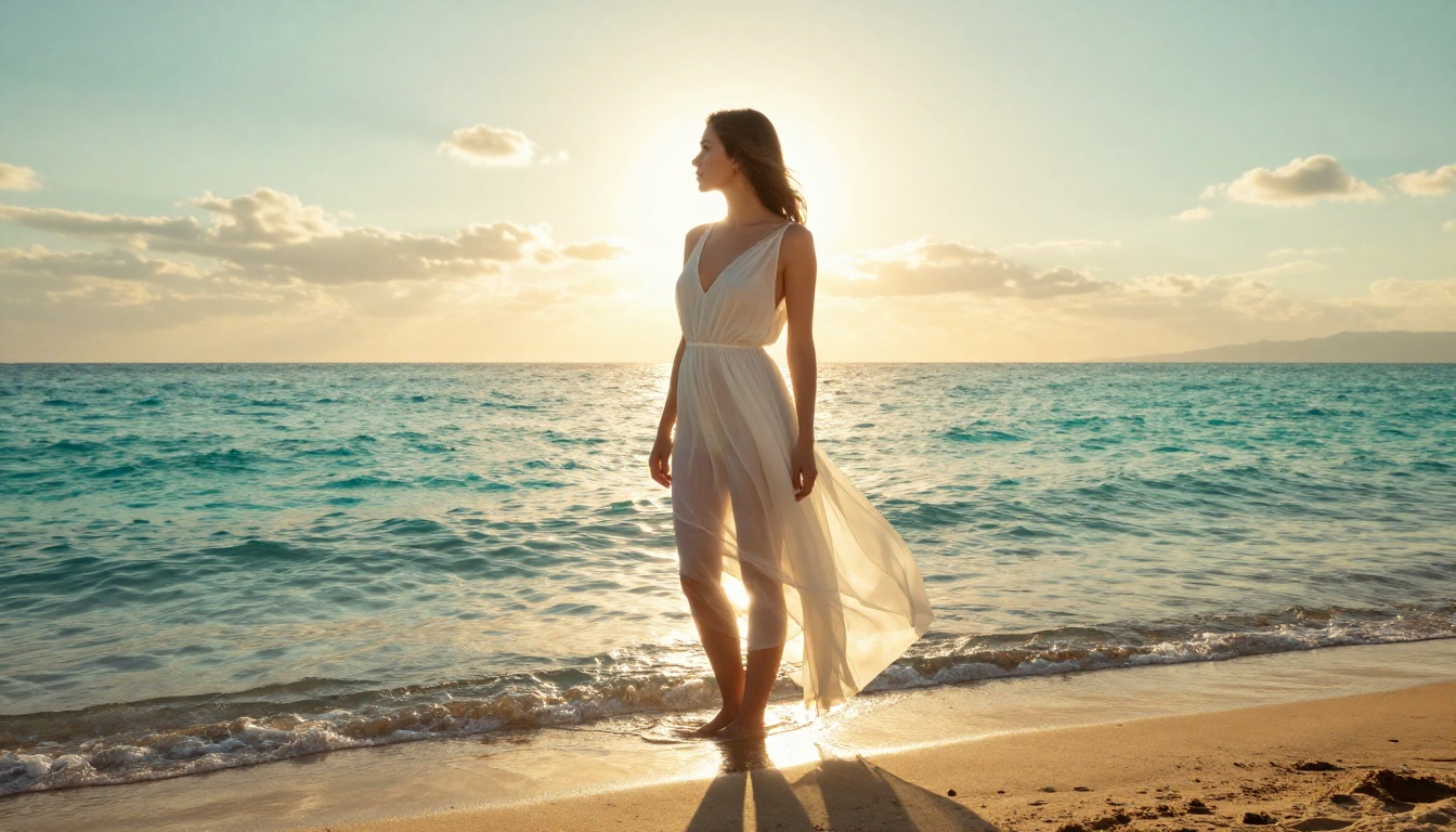 Woman in sheer white dress at the Mediterranean sea edge, golden hour silhouette through fabric