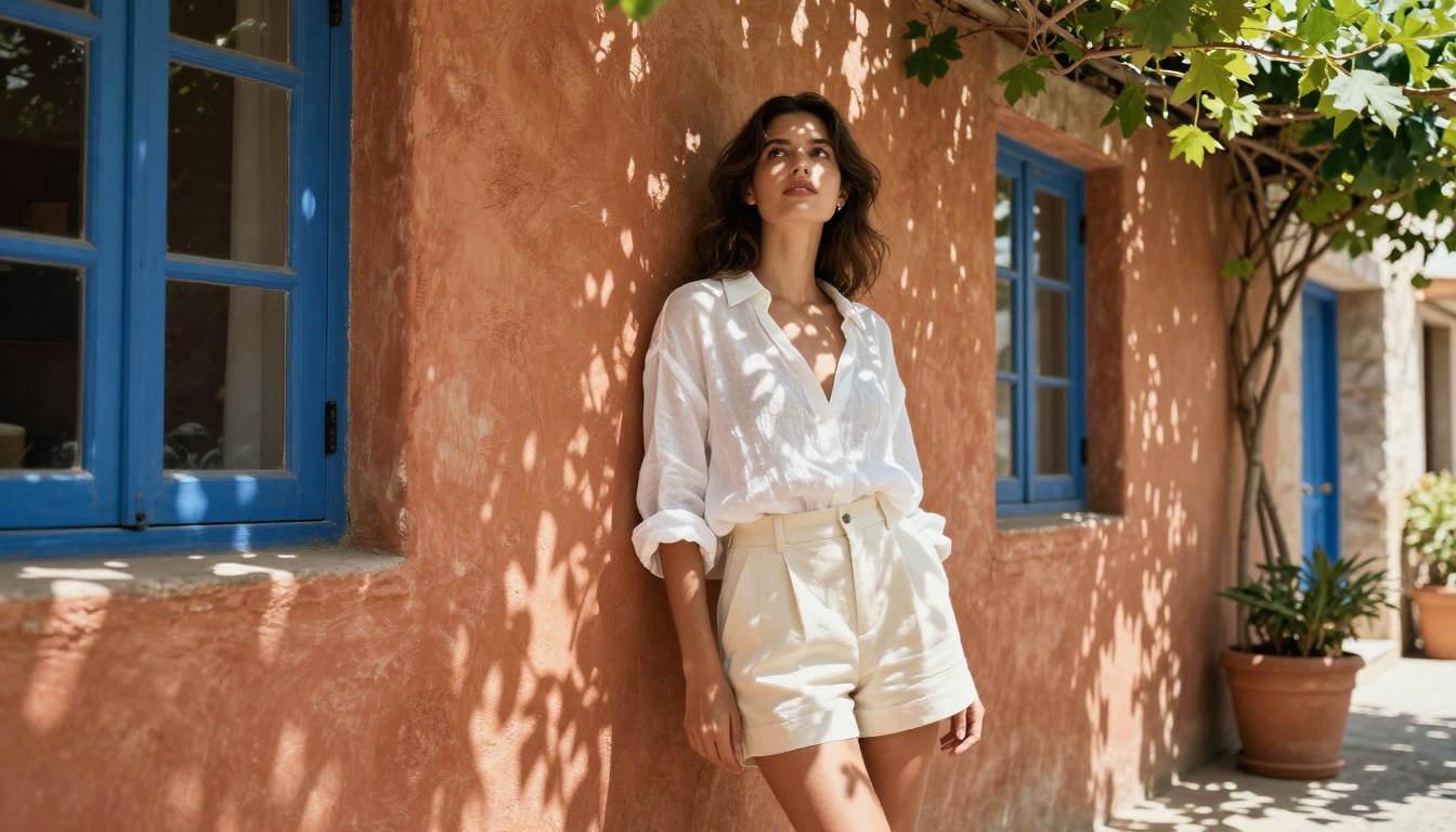Confident woman in white linen outfit in narrow Mediterranean alley with dappled vine canopy light