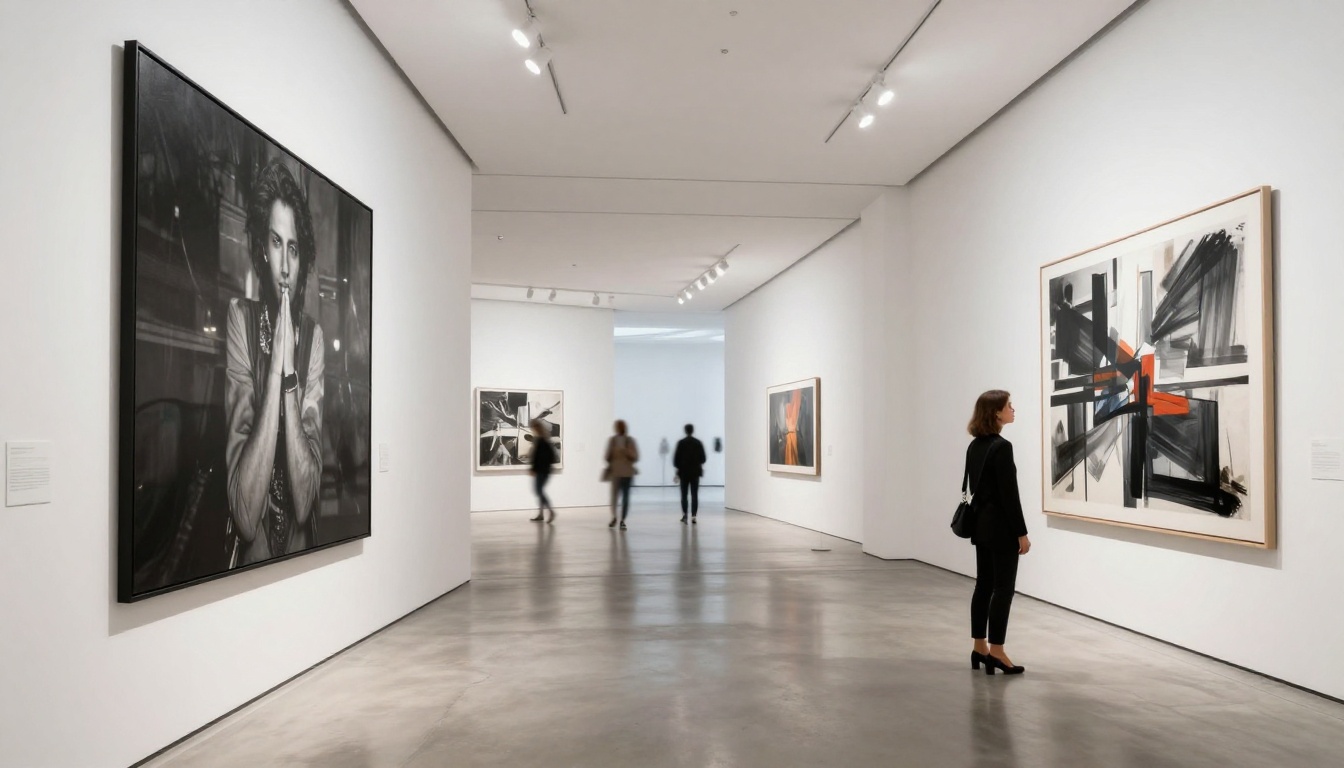 Sophisticated modern art gallery with track lighting, large format prints, stylish attendant in black