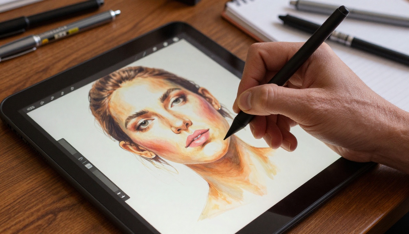 Artist hand with precision stylus drawing on digital tablet, amber portrait brushstrokes on screen