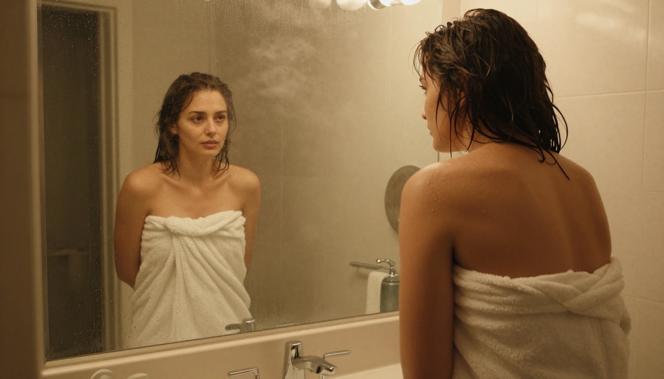 Woman in white towel looking back over shoulder in steamy bathroom, mirror reflection Woman in white towel looking back over shoulder in steamy bathroom, mirror reflection