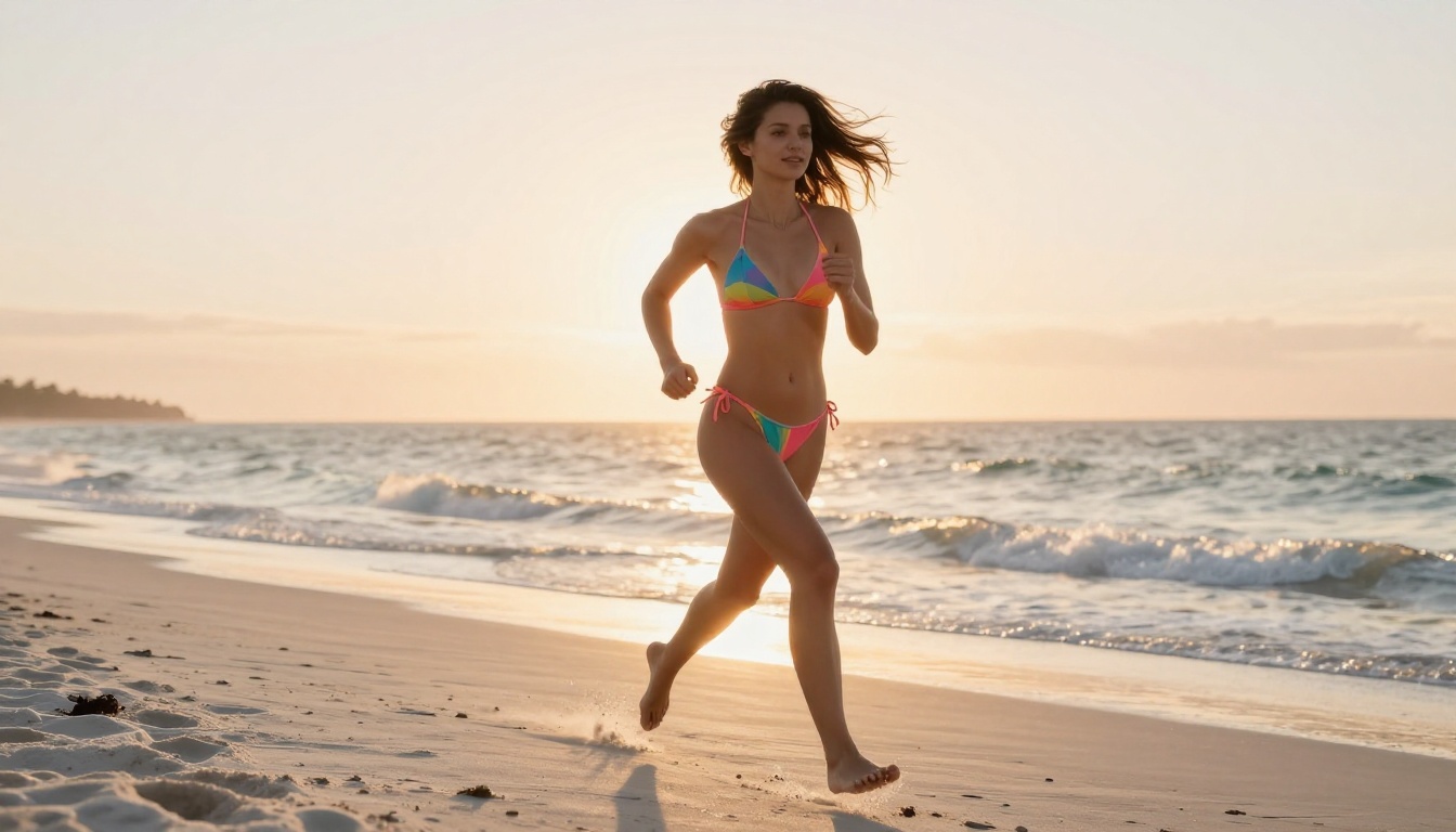 Photorealistic woman running on white sand beach at rose-gold sunrise
