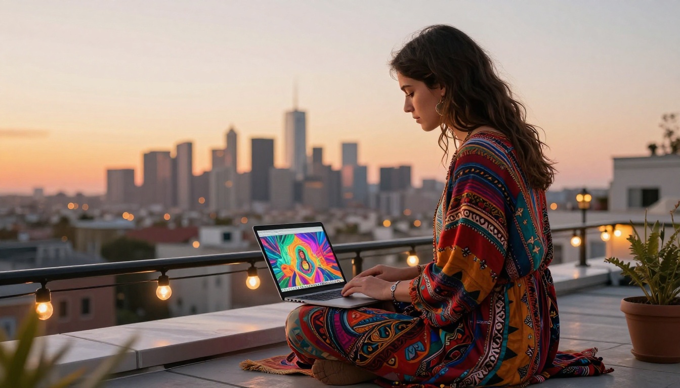 Young woman on rooftop terrace at golden hour with laptop, city skyline in amber light behind her