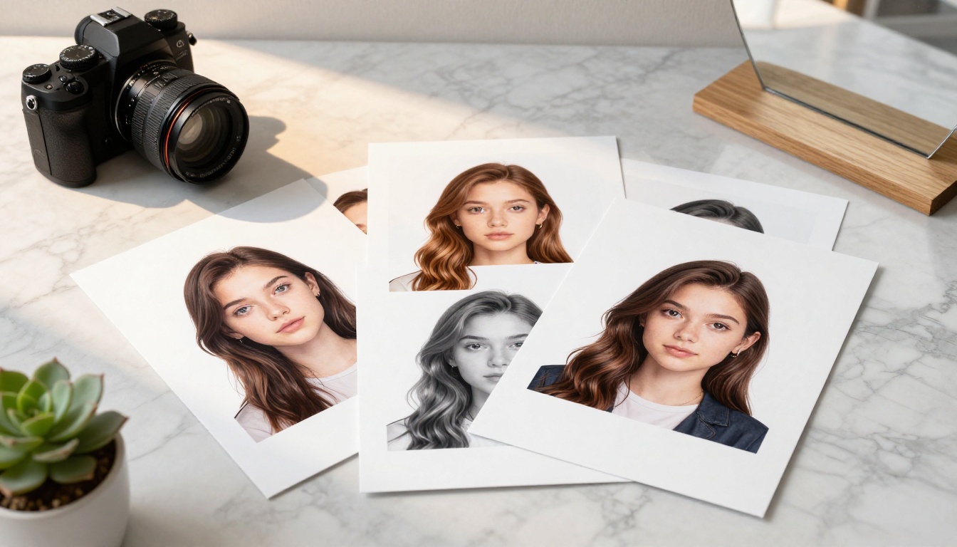 Flat-lay comparison of AI portrait printouts alongside professional camera equipment on white marble
