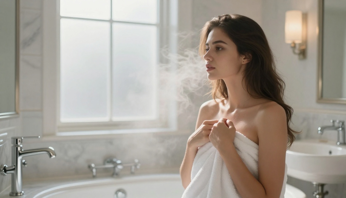 Hotel bathroom steam marble morning light