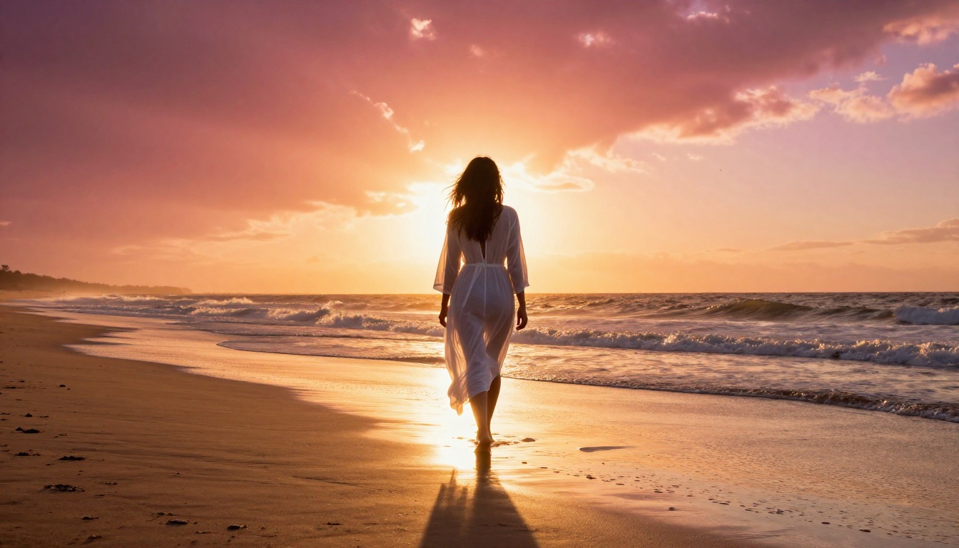 Woman in sheer white beach cover-up walking on deserted sunset beach, silhouette against orange-magenta sky