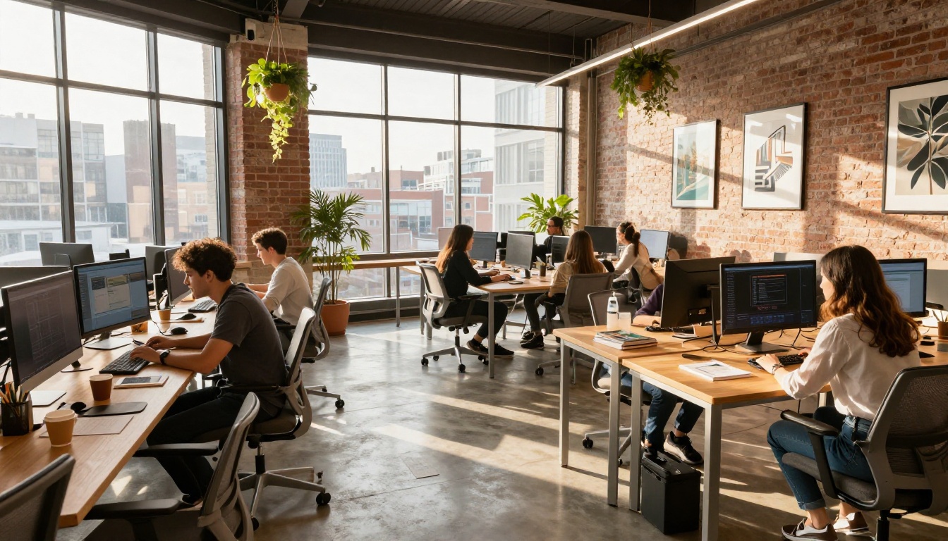 Modern creative coworking space with professionals at computers, golden morning light streaming across polished concrete