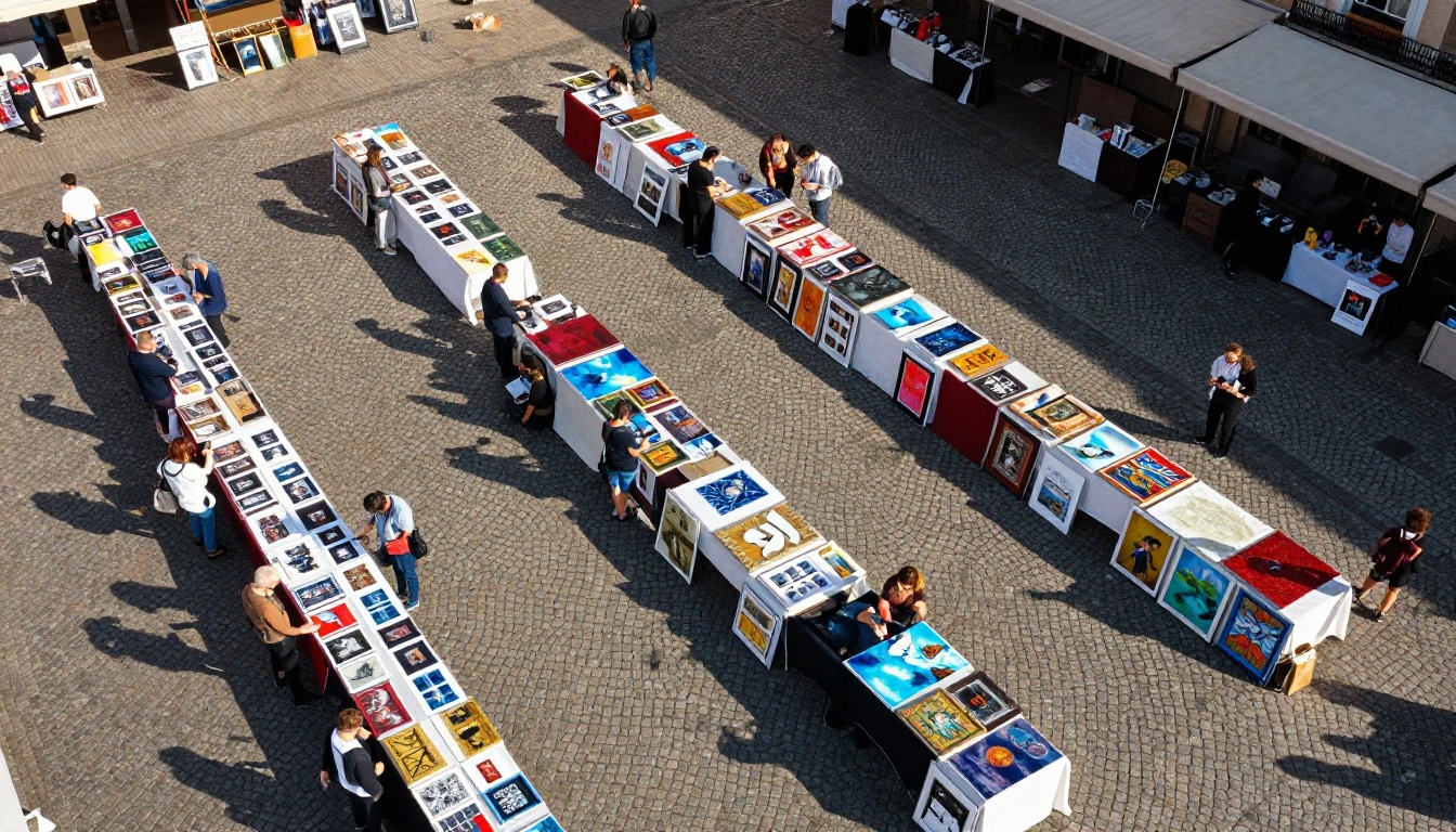 Aerial view of vibrant outdoor art market in European cobblestone plaza, crimson and gold canvases from above